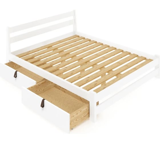 Двуспальная кровать Solarius Мишка усиленная из массива сосны с реечным основанием 190x150 см (габариты 200x160), с двумя выкатными ящиками, цвет белый 150mbel-190-2yash 1