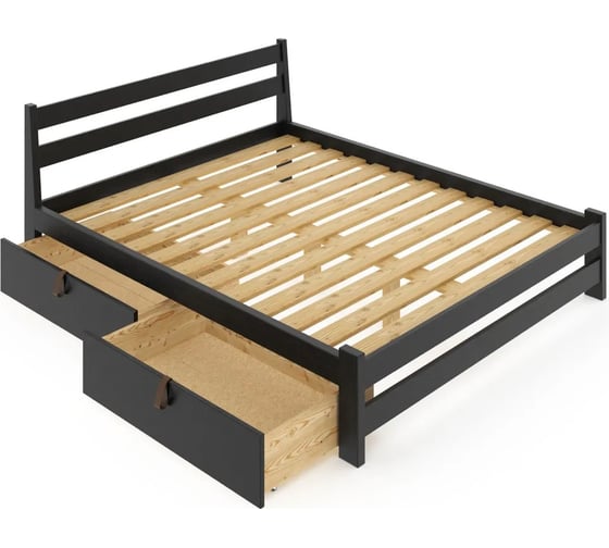 Двуспальная кровать Solarius Мишка усиленная из массива сосны с реечным основанием 190x150 см (габариты 200x160), с четырьмя выкатными ящиками, цвет черного оникса 150monix-190-4yash 1