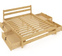 Кровать двуспальная Solarius Мишка усиленная, из массива сосны, с реечным основанием 200x180 см (габариты 210x190), с четырьмя выкатными ящиками, без шлифовки и покрытия 180mnet-4yash