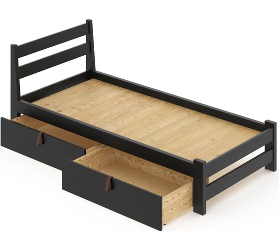 Кровать односпальная Solarius Мишка усиленная, из массива сосны, со сплошным основанием, 200x100 см, габариты 210x110, с двумя выкатными ящиками, цвет черного оникса 100monix-full-2yash 1