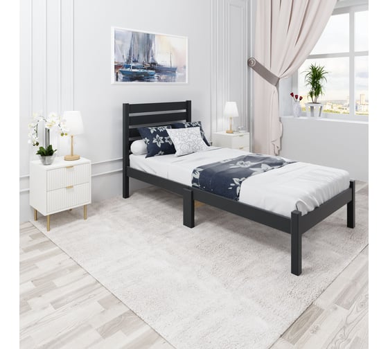 Кровать односпальная Solarius Классика Компакт из массива сосны с высокой спинкой и сплошным основанием, цвет антрацит, 60x200 см kompakt-spin60ser-full 1