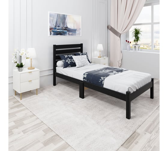 Кровать односпальная Solarius Классика Компакт сосновая с ортопедическим основанием и высокой спинкой, цвет черного оникса, 70x200 см ortokompakt-spin70onix 1