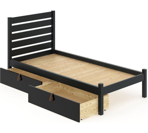 Кровать односпальная Solarius Классика из массива сосны со сплошным основанием и высокой спинкой, 90x190 см, с двумя выкатными ящиками, цвет антрацит klas-spin90ser-190-full-2yash 1