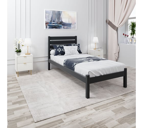 Кровать односпальная Solarius Классика из массива сосны со сплошным основанием и высокой спинкой, цвет антрацит, 100x190 см klas-spin100ser-190-full 1