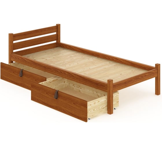 Кровать односпальная Solarius Классика из массива сосны со сплошным основанием 190x100 см (габариты 200x110), с двумя выкатными ящиками, цвет ольхи 100klolha-190-full-2yash 1