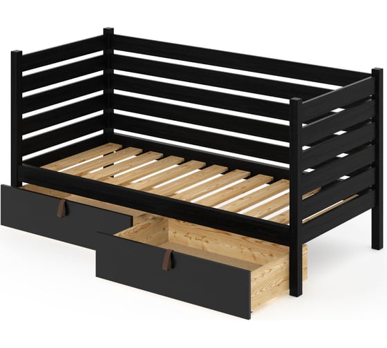 Тахта односпальная Solarius из массива сосны с реечным основанием и высокими бортиками, 100x200 см (габариты 110x210), с двумя выкатными ящиками, цвет черного оникса tahta-spin100-200onix-2yash 1