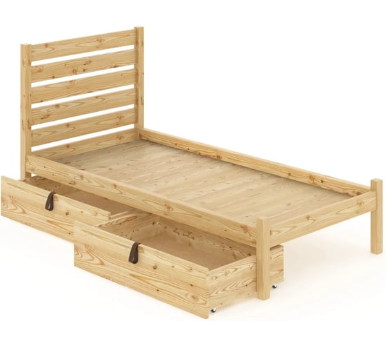 Односпальная кровать Solarius Классика из массива сосны с реечным основанием и высокой спинкой, 100x190 см, с двумя выкатными ящиками, без покрытия klas-spin100-190-2yash 1