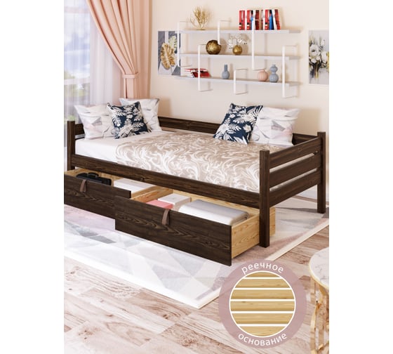Тахта односпальная Solarius из массива сосны, с реечным основанием, 160x80 см, габариты 170x90, с двумя выкатными ящиками, цвет венге tahta80-160ven-2yash 1