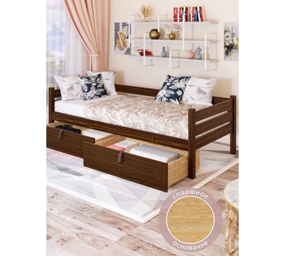 Тахта односпальная Solarius из массива сосны, со сплошным основанием, 180x100 см, габариты 190x110, с двумя выкатными ящиками, цвет темного дуба tahta100-180temd-full-2yash 1