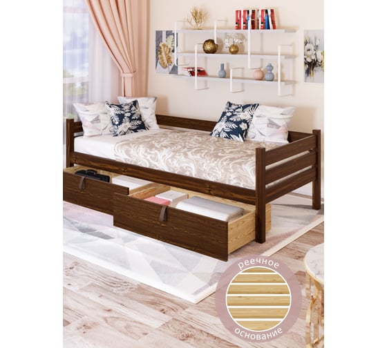 Тахта односпальная Solarius из массива сосны, с реечным основанием, 200x100 см, габариты 210x110, с двумя выкатными ящиками, цвет темного дуба tahta100-200temd-2yash 1