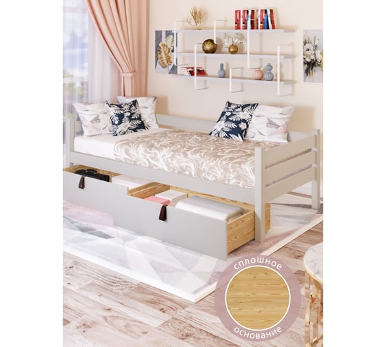 Тахта односпальная Solarius из массива сосны, со сплошным основанием, 160x90 см, габариты 170x100, с двумя выкатными ящиками, цвет платины tahta90-160plat-full-2yash 1