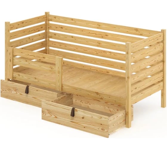 Односпальная кровать Solarius подростковая из массива сосны со сплошным основанием, 140x70 см (габариты 150x80), с двумя выкатными ящиками, без шлифовки и покраски det70-140net-full-2yash 1