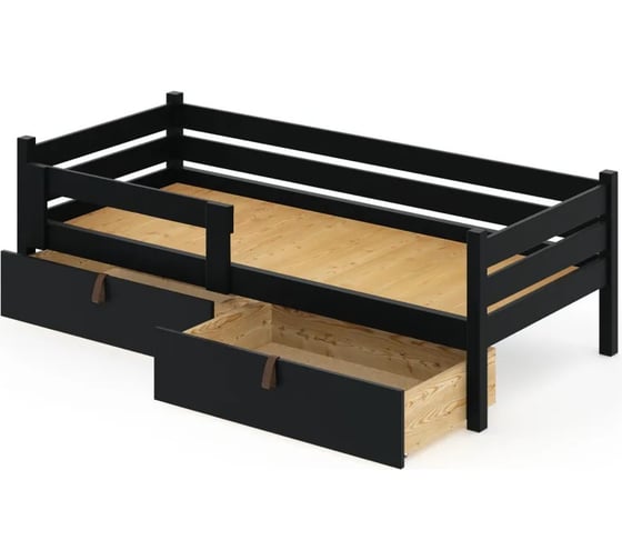 Односпальная кровать Solarius подростковая из массива сосны со сплошным основанием, 160x80 см (габариты 170x90), с двумя выкатными ящиками, цвет антрацит det80-160ser-full-2yash 1