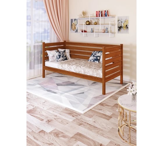 Односпальная тахта Solarius из массива сосны с реечным основанием и высокими бортиками, 100x200 см (габариты 110x210), с двумя выкатными ящиками, цвет ольхи tahta-spin100-200olha-2yash 1