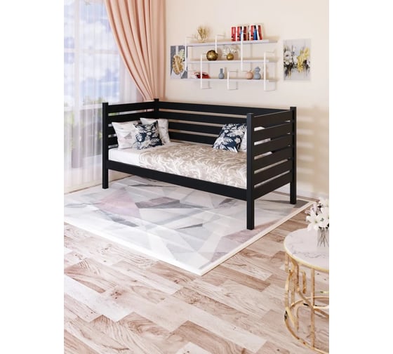 Односпальная тахта Solarius из массива сосны с реечным основанием и высокими бортиками, 80x190 см (габариты 90x200), с двумя выкатными ящиками, цвет антрацит tahta-spin80-190ser-2yash 1