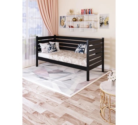 Односпальная тахта Solarius из массива сосны с ортопедическим основанием и высокими бортиками, 90x180 см (габариты 100x190), с двумя выкатными ящиками, цвет черного оникса tahta-spin90-180onix-orto-2yash 1