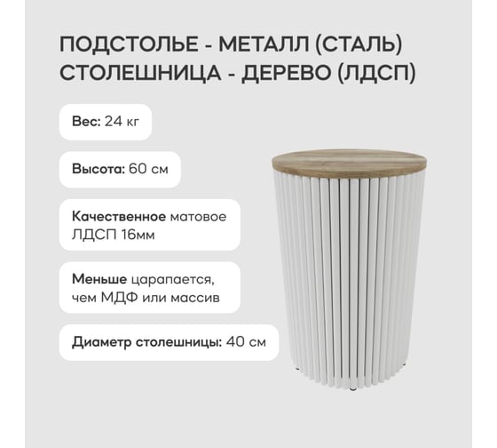 Круглый журнальный стол с металлическим подстольем GENGLASS 400х400 мм, TRUBIS Wood, белое подстолье, столешница орех 40 см GGT-03-3-1-S-40