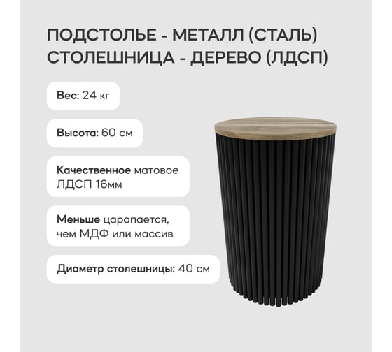 Круглый журнальный стол с металлическим подстольем GENGLASS 400х400 мм, TRUBIS Wood, черное подстолье, столешница орех 40 см GGT-03-2-1-S-40