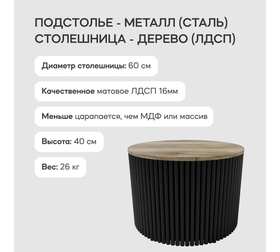 Круглый журнальный стол с металлическим подстольем GENGLASS 600х600 мм, TRUBIS Wood, чёрное подстолье, столешница орех 60 см GGT-03-2-1-М-60