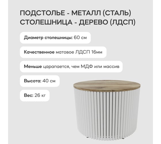 Круглый журнальный стол с металлическим подстольем GENGLASS 600х600 мм, TRUBIS Wood, белое подстолье, столешница орех 60 см GGT-03-3-1-М-60