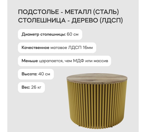 Круглый журнальный стол с металлическим подстольем GENGLASS 600х600 мм, TRUBIS Wood, золотое подстолье, столешница орех 60 см GGT-03-1-1-М-60