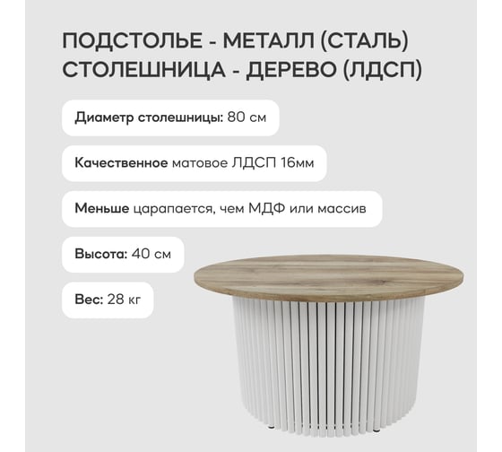 Круглый журнальный стол с металлическим подстольем GENGLASS 600х600 мм, TRUBIS Wood, белое подстолье, столешница орех 80 см GGT-03-3-1-М-80