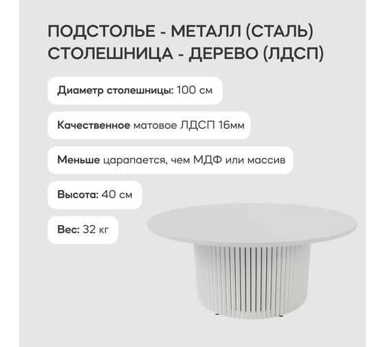 Круглый журнальный стол с металлическим подстольем GENGLASS 600х600 мм, TRUBIS Wood, белое подстолье и белая столешница 100 см GGT-03-3-3-М-100