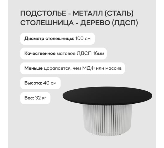 Круглый журнальный стол с металлическим подстольем GENGLASS 600х600 мм, TRUBIS Wood, белое подстолье и чёрная столешница 100 см GGT-03-3-2-М-100