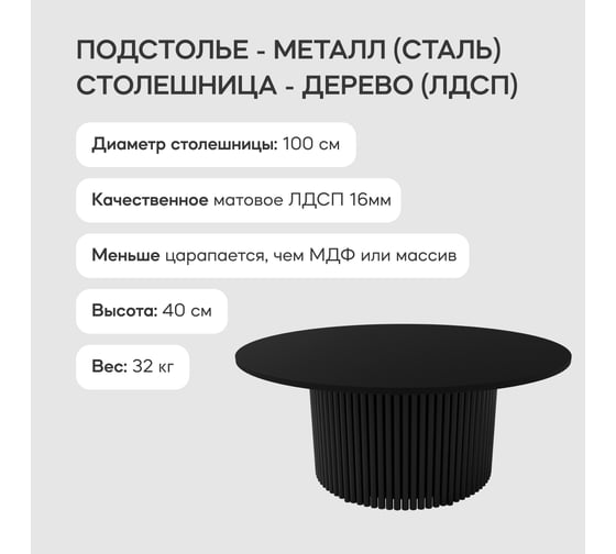 Круглый журнальный стол с металлическим подстольем GENGLASS 600х600 мм, TRUBIS Wood, чёрное подстолье и чёрная столешница 100 см GGT-03-2-2-М-100