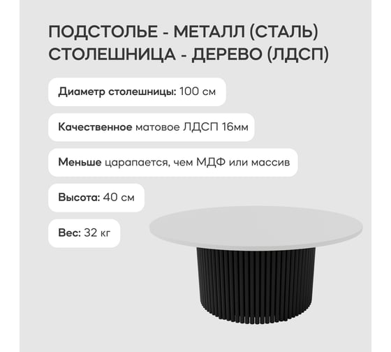 Круглый журнальный стол с металлическим подстольем GENGLASS 600х600 мм, TRUBIS Wood, чёрное подстолье и белая столешница 100 см GGT-03-2-3-М-100
