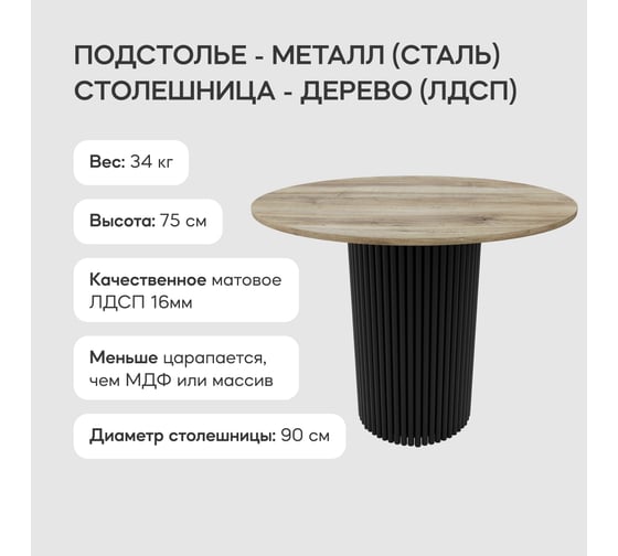 Круглый обеденный стол с металлическим подстольем GENGLASS 400х400 мм, TRUBIS Wood, чёрное подстолье, столешница орех 90 см GGT-03-2-1-L-90