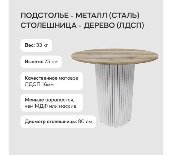 Круглый обеденный стол с металлическим подстольем GENGLASS 400х400 мм, TRUBIS Wood, белое подстолье, столешница орех 80 см GGT-03-3-1-L-80