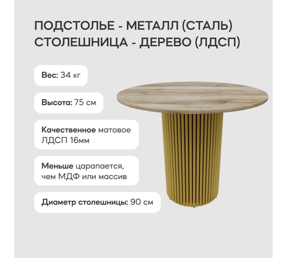 Круглый обеденный стол с металлическим подстольем GENGLASS 400х400 мм, TRUBIS Wood, золотое подстолье, столешница орех 90 см GGT-03-1-1-L-90