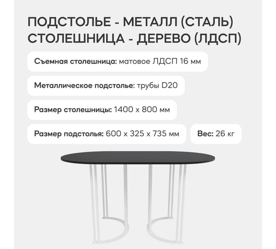Овальный обеденный стол GENGLASS с белым металлическим подстольем и чёрной столешницей VIOLUR, 1400х800х750 мм GGT-20-3-2-14080