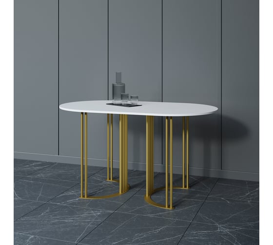Овальный обеденный стол GENGLASS с золотым металлическим подстольем и белой столешницей VIOLUR, 1400х800х750 мм GGT-20-1-3-14080