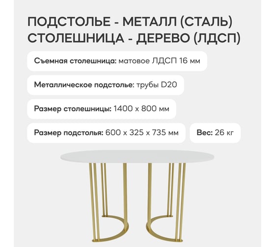 Овальный обеденный стол GENGLASS с золотым металлическим подстольем и белой столешницей VIOLUR, 1400х800х750 мм GGT-20-1-3-14080