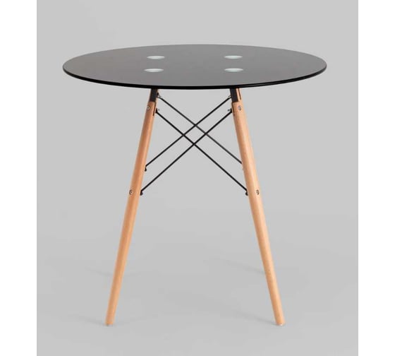 Стол для кухни обеденный круглый Стул Груп EAMES DSW NEW D80, стеклянный черный на деревянных ножках CHAD BLACK v.2