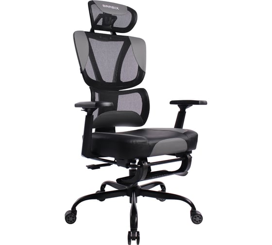 Кресло PREMIUM Venom GM-530, подножка, синхромеханизм, экокожа/сетка, черное/серое, BRABIX 532951