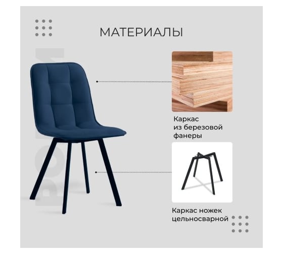 Комплект обеденных стульев Divan24 Ролли 2 шт, синий, велюр, для гостинной, для кухни, стул на ножках 7700202