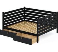 Двуспальная тахта Solarius из массива сосны с реечным основанием и высокими бортиками, 120x170 см (габариты 130x180), с двумя выкатными ящиками, цвет антрацит tahta-spin120-170ser-2yash