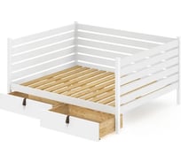 Двуспальная тахта Solarius из массива сосны с реечным основанием и высокими бортиками, 140x160 см (габариты 150x170), с двумя выкатными ящиками, цвет белый tahta-spin140-160bel-2yash