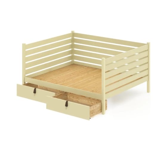 Тахта двуспальная Solarius из массива сосны со сплошным основанием и высокими бортиками, 160x200 см, габариты 170x210 см, с двумя выкатными ящиками, цвет ванили tahta-spin160-200van-full-2yash 1