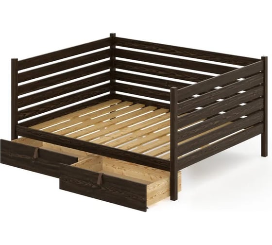 Двуспальная тахта Solarius из массива сосны с реечным основанием и высокими бортиками, 140x170 см (габариты 150x180), с двумя выкатными ящиками, цвет венге tahta-spin140-170ven-2yash 1