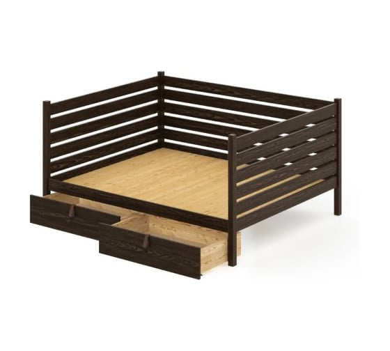 Тахта двуспальная Solarius из массива сосны со сплошным основанием и высокими бортиками, 160x190 см, габариты 170x200 см, с двумя выкатными ящиками, цвет венге tahta-spin160-190ven-full-2yash 1