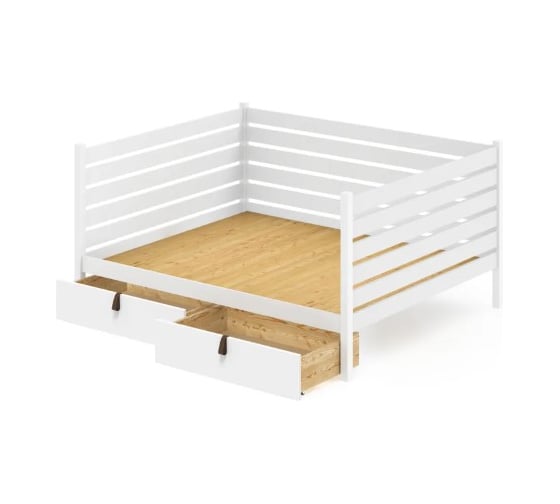 Тахта двуспальная Solarius из массива сосны со сплошным основанием и высокими бортиками, 180x190 см, габариты 190x200 см, с двумя выкатными ящиками, цвет белый tahta-spin180-190bel-full-2yash 1