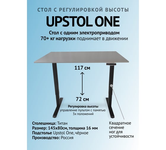 Компьютерный стол с регулируемой высотой UPSTOL ONE рама черная и столешница ЛДСП Титан 145x80 SHB2420-D450-B-T145