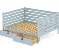 Тахта двуспальная Solarius из массива сосны, с реечным основанием и высокими бортиками, 160x200 см, габариты 170x210 см, с двумя выкатными ящиками, цвет голубой tahta-spin160-200gol-2yash