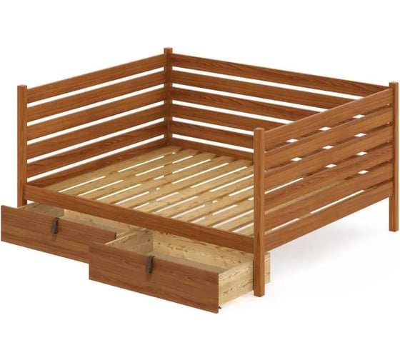 Тахта двуспальная Solarius из массива сосны, с реечным основанием и высокими бортиками, 180x200 см, габариты 190x210 см, с двумя выкатными ящиками, цвет ольхи tahta-spin180-200olha-2yash 1