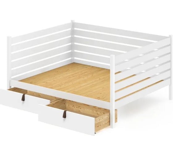 Тахта двуспальная Solarius из массива сосны, со сплошным основанием и высокими бортиками, 140x160 см, габариты 150x170 см, с двумя выкатными ящиками, цвет белый tahta-spin140-160bel-full-2yash 1