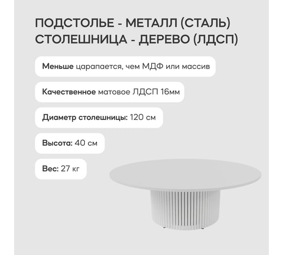 Круглый журнальный стол GENGLASS TRUBIS Wood с металлическим подстольем 600х600 мм, белое подстолье и белая столешница 120 см GGT-03-3-3-M-120